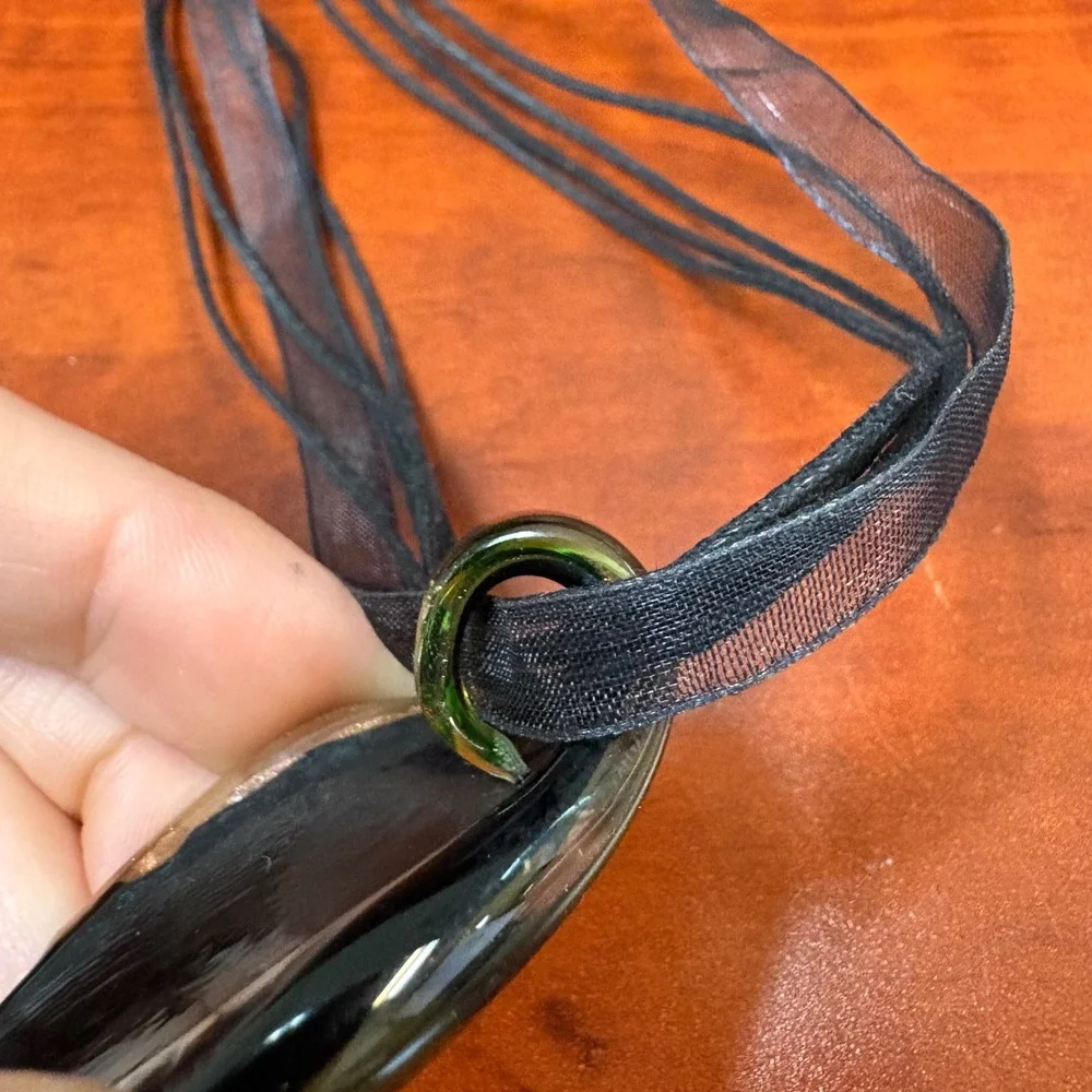 Art Glass Teardrop Pendant Necklace Green‎ Brown Swirl Boho Ribbon Cord